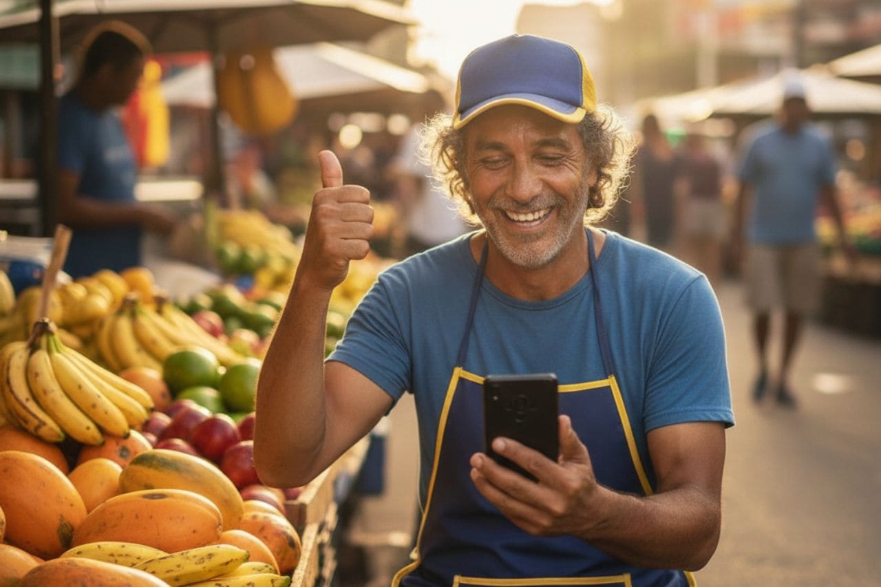 Feirante autônomo faz sinal de positivo com o celular na mão, na sua banca de frutas