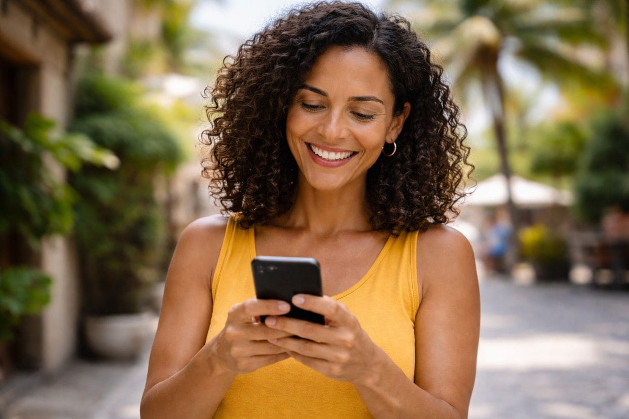 Mulher de cabelo cacheado sorri enquanto olha o celular numa rua arborizada