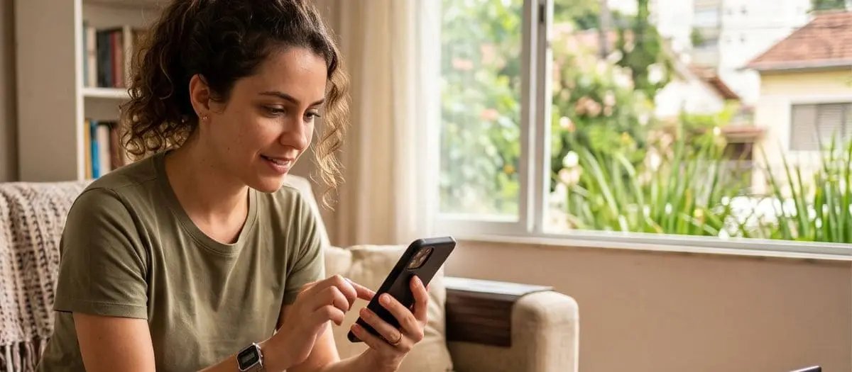 Mulher confere que o Score Serasa está na faixa boa